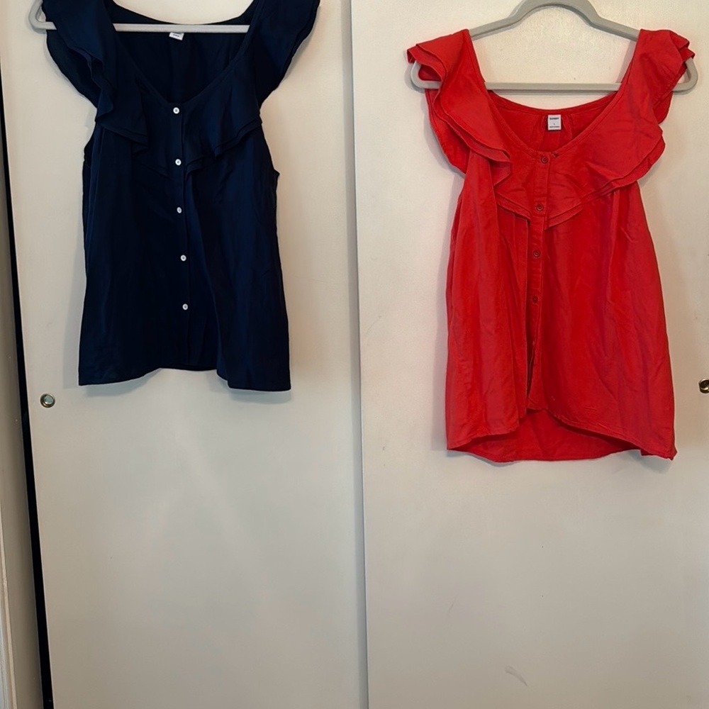 Lot of 2 Soft Linen Women Old Navy Ruffle Tops Size L Blue Red